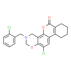 ChemSpider 2D Image | 12-Chloro-3-(2-chlorobenzyl)-3,4,7,8,9,10-hexahydro-2H,6H-benzo[3,4]chromeno[8,7-e][1,3]oxazin-6-one | C22H19Cl2NO3
