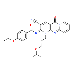ChemSpider 2D Image | N-[(2E)-3-Cyano-1-(3-isopropoxypropyl)-5-oxo-1,5-dihydro-2H-dipyrido[1,2-a:2',3'-d]pyrimidin-2-ylidene]-4-ethoxybenzamide | C27H27N5O4