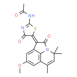 ChemSpider 2D Image | N-[(5Z)-5-(8-Methoxy-4,4,6-trimethyl-2-oxo-4H-pyrrolo[3,2,1-ij]quinolin-1(2H)-ylidene)-4-oxo-4,5-dihydro-1,3-thiazol-2-yl]acetamide | C20H19N3O4S