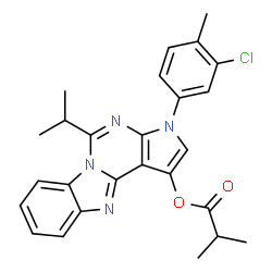 ChemSpider 2D Image | 3-(3-Chloro-4-methylphenyl)-5-isopropyl-3H-pyrrolo[2',3':4,5]pyrimido[1,6-a]benzimidazol-1-yl 2-methylpropanoate | C26H25ClN4O2