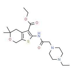 ChemSpider 2D Image | Ethyl 2-{[(4-ethyl-1-piperazinyl)acetyl]amino}-5,5-dimethyl-4,7-dihydro-5H-thieno[2,3-c]pyran-3-carboxylate | C20H31N3O4S