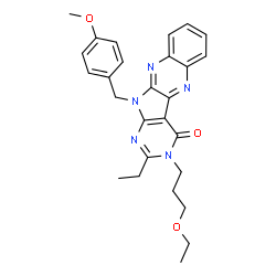 ChemSpider 2D Image | 3-(3-Ethoxypropyl)-2-ethyl-11-(4-methoxybenzyl)-3,11-dihydro-4H-pyrimido[5',4':4,5]pyrrolo[2,3-b]quinoxalin-4-one | C27H29N5O3
