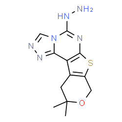 ChemSpider 2D Image | 5-Hydrazino-10,10-dimethyl-10,11-dihydro-8H-pyrano[4',3':4,5]thieno[3,2-e][1,2,4]triazolo[4,3-c]pyrimidine | C12H14N6OS