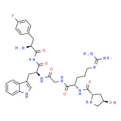 ChemSpider 2D Image | (4R)-4-Hydroxy-L-prolyl-N~5~-(diaminomethylene)-L-ornithylglycyl-N-[(2S)-2-amino-3-(4-fluorophenyl)propanoyl]-L-tryptophanamide | C33H43FN10O6