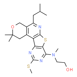 ChemSpider 2D Image | 2-{[5-Isobutyl-2,2-dimethyl-10-(methylsulfanyl)-1,4-dihydro-2H-pyrano[4'',3'':4',5']pyrido[3',2':4,5]thieno[3,2-d]pyrimidin-8-yl](methyl)amino}ethanol | C22H30N4O2S2