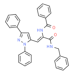 ChemSpider 2D Image | N-[(1Z)-3-(Benzylamino)-1-(1,3-diphenyl-1H-pyrazol-5-yl)-3-oxo-1-propen-2-yl]benzamide | C32H26N4O2