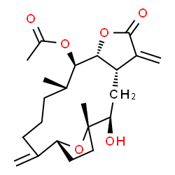 ChemSpider 2D Image | (1S,2R,4S,8R,9R,10S,15R)-2-Hydroxy-1,10-dimethyl-5,14-bis(methylene)-6-oxo-7,18-dioxatricyclo[13.2.1.0~4,8~]octadec-9-yl acetate | C22H32O6