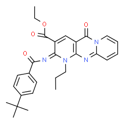 ChemSpider 2D Image | Ethyl (2E)-2-{[4-(2-methyl-2-propanyl)benzoyl]imino}-5-oxo-1-propyl-1,5-dihydro-2H-dipyrido[1,2-a:2',3'-d]pyrimidine-3-carboxylate | C28H30N4O4
