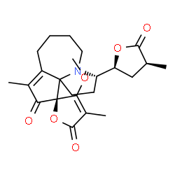 ChemSpider 2D Image | (3S,11S)-3'-Methoxy-4',9-dimethyl-3-[(2S,4S)-4-methyl-5-oxotetrahydro-2-furanyl]-2,3,5,6,7,8-hexahydro-1H,5'H,10H-spiro[cyclopenta[b]pyrrolo[1,2-a]azepine-11,2'-furan]-5',10-dione | C23H29NO6