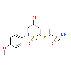 ChemSpider 2D Image | 3,4-dihydro-4-hydroxy-2-(4-methoxyphenyl)-2h-thieno[3,2-e]-1,2-thiazine-6-sulfonamide-1,1-dioxide | C13H14N2O6S3