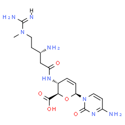 ChemSpider 2D Image | 4-Amino-1-(4-{[(3S)-3-amino-5-(N-methylcarbamimidamido)pentanoyl]amino}-2,3,4-trideoxy-beta-L-erythro-hex-2-enopyranuronosyl)-2(1H)-pyrimidinone | C17H26N8O5