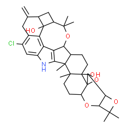 ChemSpider 2D Image | 11-Chloro-1,1,13b,13c,17,17-hexamethyl-9-methylene-1,2a,2b,5,5a,6,7,8,8a,9,10,13,13b,13c,14,15,15a,16a-octadecahydro-3bH-6,7-(epoxymethano)cyclobuta[5,6]benzo[1,2-e]oxeto[3'',2'':2',3']oxireno[4',4a']
chromeno[5',6':6,7]indeno[1,2-b]indole-3b,6d(4H)-diol | C37H44ClNO6