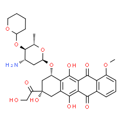 ChemSpider 2D Image | (1S,3S)-3-Glycoloyl-3,5,12-trihydroxy-10-methoxy-6,11-dioxo-1,2,3,4,6,11-hexahydro-1-tetracenyl 3-amino-2,3,6-trideoxy-4-O-(tetrahydro-2H-pyran-2-yl)-alpha-L-arabino-hexopyranoside | C32H37NO12