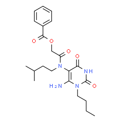 ChemSpider 2D Image | 2-[(6-Amino-1-butyl-2,4-dioxo-1,2,3,4-tetrahydro-5-pyrimidinyl)(3-methylbutyl)amino]-2-oxoethyl benzoate | C22H30N4O5