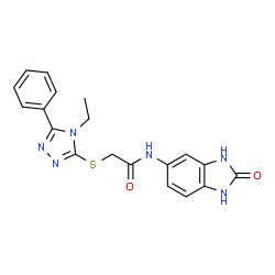 ChemSpider 2D Image | 2-[(4-Ethyl-5-phenyl-4H-1,2,4-triazol-3-yl)sulfanyl]-N-(2-oxo-2,3-dihydro-1H-benzimidazol-5-yl)acetamide | C19H18N6O2S