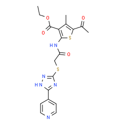 ChemSpider 2D Image | Ethyl 5-acetyl-4-methyl-2-[({[5-(4-pyridinyl)-1H-1,2,4-triazol-3-yl]sulfanyl}acetyl)amino]-3-thiophenecarboxylate | C19H19N5O4S2