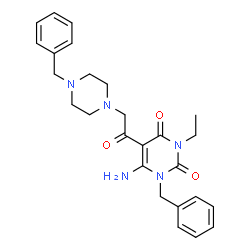 ChemSpider 2D Image | 6-Amino-1-benzyl-5-[(4-benzyl-1-piperazinyl)acetyl]-3-ethyl-2,4(1H,3H)-pyrimidinedione | C26H31N5O3