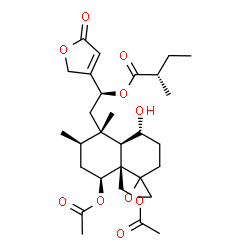 ChemSpider 2D Image | (1S)-2-[(4R,4aR,5S,6R,8S,8aR)-8-Acetoxy-8a-(acetoxymethyl)-4-hydroxy-5,6-dimethyloctahydro-2H-spiro[naphthalene-1,2'-oxiran]-5-yl]-1-(5-oxo-2,5-dihydro-3-furanyl)ethyl (2S)-2-methylbutanoate | C29H42O10