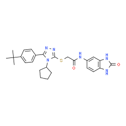 ChemSpider 2D Image | 2-({4-Cyclopentyl-5-[4-(2-methyl-2-propanyl)phenyl]-4H-1,2,4-triazol-3-yl}sulfanyl)-N-(2-oxo-2,3-dihydro-1H-benzimidazol-5-yl)acetamide | C26H30N6O2S