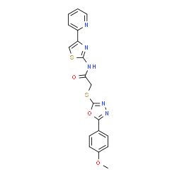 ChemSpider 2D Image | 2-{[5-(4-Methoxyphenyl)-1,3,4-oxadiazol-2-yl]sulfanyl}-N-[4-(2-pyridinyl)-1,3-thiazol-2-yl]acetamide | C19H15N5O3S2