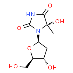 ChemSpider 2D Image | (5S)-1-(2-Deoxy-beta-D-erythro-pentofuranosyl)-5-hydroxy-5-methyl-2,4-imidazolidinedione | C9H14N2O6