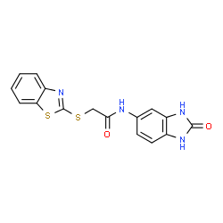ChemSpider 2D Image | 2-(1,3-Benzothiazol-2-ylsulfanyl)-N-(2-oxo-2,3-dihydro-1H-benzimidazol-5-yl)acetamide | C16H12N4O2S2
