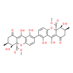 ChemSpider 2D Image | Dimethyl (5S,5'S,6S,6'S,10aR,10a'R)-1,1',5,5',9,9'-hexahydroxy-6,6'-dimethyl-8,8'-dioxo-5,5',6,6',7,7',8,8'-octahydro-10aH,10a'H-2,2'-bixanthene-10a,10a'-dicarboxylate | C32H30O14