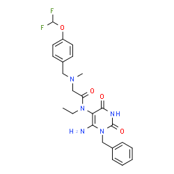 ChemSpider 2D Image | N-(6-Amino-1-benzyl-2,4-dioxo-1,2,3,4-tetrahydro-5-pyrimidinyl)-N~2~-[4-(difluoromethoxy)benzyl]-N-ethyl-N~2~-methylglycinamide | C24H27F2N5O4