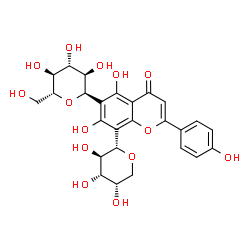 ChemSpider 2D Image | 5,7-Dihydroxy-2-(4-hydroxyphenyl)-6-[(2R,3R,4R,5S,6R)-3,4,5-trihydroxy-6-(hydroxymethyl)tetrahydro-2H-pyran-2-yl]-8-[(2S,3R,4S,5S)-3,4,5-trihydroxytetrahydro-2H-pyran-2-yl]-4H-chromen-4-one (non-prefe
rred name) | C26H28O14