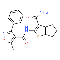 ChemSpider 2D Image | N-(3-Carbamoyl-5,6-dihydro-4H-cyclopenta[b]thiophen-2-yl)-5-methyl-3-phenyl-1,2-oxazole-4-carboxamide | C19H17N3O3S