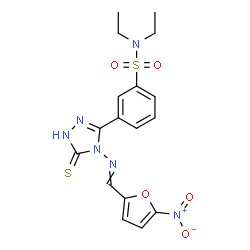ChemSpider 2D Image | N,N-Diethyl-3-(4-{[(5-nitro-2-furyl)methylene]amino}-5-thioxo-4,5-dihydro-1H-1,2,4-triazol-3-yl)benzenesulfonamide | C17H18N6O5S2