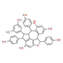 ChemSpider 2D Image | 4-(3,5-Dihydroxyphenyl)-3,5,10-tris(4-hydroxyphenyl)-3,4,4a,5,9b,10-hexahydro-11-oxabenzo[5,6]cyclohepta[1,2,3,4-jkl]-as-indacene-2,6,8-triol | C42H32O9