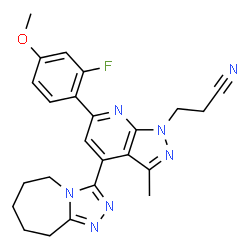 ChemSpider 2D Image | 3-[6-(2-Fluoro-4-methoxyphenyl)-3-methyl-4-(6,7,8,9-tetrahydro-5H-[1,2,4]triazolo[4,3-a]azepin-3-yl)-1H-pyrazolo[3,4-b]pyridin-1-yl]propanenitrile | C24H24FN7O