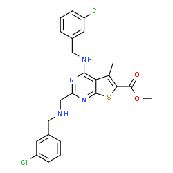 ChemSpider 2D Image | Methyl 4-[(3-chlorobenzyl)amino]-2-{[(3-chlorobenzyl)amino]methyl}-5-methylthieno[2,3-d]pyrimidine-6-carboxylate | C24H22Cl2N4O2S