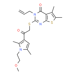ChemSpider 2D Image | 3-Allyl-2-({2-[1-(2-methoxyethyl)-2,5-dimethyl-1H-pyrrol-3-yl]-2-oxoethyl}sulfanyl)-5,6-dimethylthieno[2,3-d]pyrimidin-4(3H)-one | C22H27N3O3S2