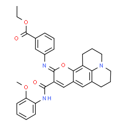 ChemSpider 2D Image | Ethyl 3-[(Z)-{10-[(2-methoxyphenyl)carbamoyl]-2,3,6,7-tetrahydro-1H,5H,11H-pyrano[2,3-f]pyrido[3,2,1-ij]quinolin-11-ylidene}amino]benzoate | C32H31N3O5