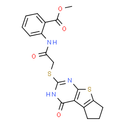 ChemSpider 2D Image | Methyl 2-({[(4-oxo-3,5,6,7-tetrahydro-4H-cyclopenta[4,5]thieno[2,3-d]pyrimidin-2-yl)sulfanyl]acetyl}amino)benzoate | C19H17N3O4S2