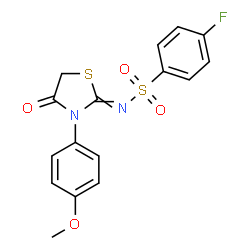 ChemSpider 2D Image | 4-Fluoro-N-[3-(4-methoxyphenyl)-4-oxo-1,3-thiazolidin-2-ylidene]benzenesulfonamide | C16H13FN2O4S2