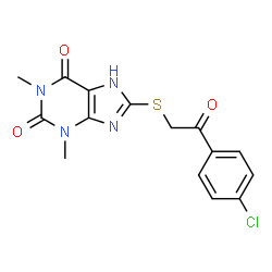 ChemSpider 2D Image | 1H-purine-2,6-dione, 8-[[2-(4-chlorophenyl)-2-oxoethyl]thio]-3,9-dihydro-1,3-dimethyl- | C15H13ClN4O3S