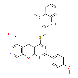 ChemSpider 2D Image | 2-{[6-(Hydroxymethyl)-2-(4-methoxyphenyl)-9-methyl-5H-pyrido[4',3':5,6]pyrano[2,3-d]pyrimidin-4-yl]sulfanyl}-N-(2-methoxyphenyl)acetamide | C28H26N4O5S