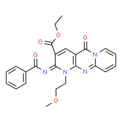ChemSpider 2D Image | Ethyl (2E)-2-(benzoylimino)-1-(2-methoxyethyl)-5-oxo-1,5-dihydro-2H-dipyrido[1,2-a:2',3'-d]pyrimidine-3-carboxylate | C24H22N4O5