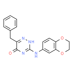 ChemSpider 2D Image | 6-Benzyl-3-(2,3-dihydro-1,4-benzodioxin-6-ylamino)-1,2,4-triazin-5(2H)-one | C18H16N4O3