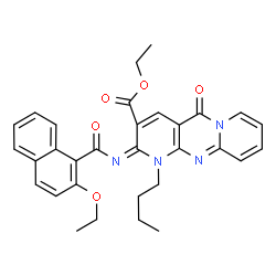 ChemSpider 2D Image | Ethyl (2E)-1-butyl-2-[(2-ethoxy-1-naphthoyl)imino]-5-oxo-1,5-dihydro-2H-dipyrido[1,2-a:2',3'-d]pyrimidine-3-carboxylate | C31H30N4O5
