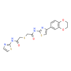 ChemSpider 2D Image | 2-[(2-{[4-(2,3-Dihydro-1,4-benzodioxin-6-yl)-1,3-thiazol-2-yl]amino}-2-oxoethyl)sulfanyl]-N-(1,3-thiazol-2-yl)acetamide | C18H16N4O4S3