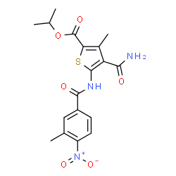 ChemSpider 2D Image | Isopropyl 4-carbamoyl-3-methyl-5-[(3-methyl-4-nitrobenzoyl)amino]-2-thiophenecarboxylate | C18H19N3O6S