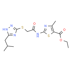 ChemSpider 2D Image | Ethyl 2-({[(5-isobutyl-1H-1,2,4-triazol-3-yl)sulfanyl]acetyl}amino)-4-methyl-1,3-thiazole-5-carboxylate | C15H21N5O3S2
