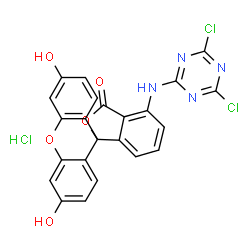 ChemSpider 2D Image | 4-[(4,6-Dichloro-1,3,5-triazin-2-yl)amino]-3',6'-dihydroxy-3H-spiro[2-benzofuran-1,9'-xanthen]-3-one hydrochloride (1:1) | C23H13Cl3N4O5