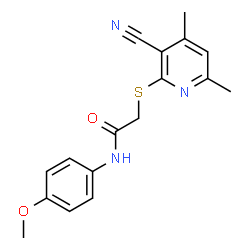 ChemSpider 2D Image | 2-[(3-Cyano-4,6-dimethyl-2-pyridinyl)sulfanyl]-N-(4-methoxyphenyl)acetamide | C17H17N3O2S