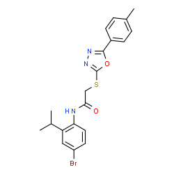 ChemSpider 2D Image | N-(4-Bromo-2-isopropylphenyl)-2-{[5-(4-methylphenyl)-1,3,4-oxadiazol-2-yl]sulfanyl}acetamide | C20H20BrN3O2S