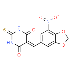 ChemSpider 2D Image | 5-[(7-Nitro-1,3-benzodioxol-5-yl)methylene]-2-thioxodihydro-4,6(1H,5H)-pyrimidinedione | C12H7N3O6S